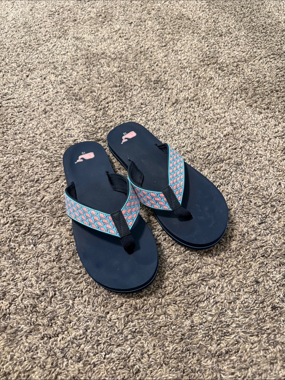Vineyard Vines Navy Flip Flops with Pink & Aqua Patterned Strap